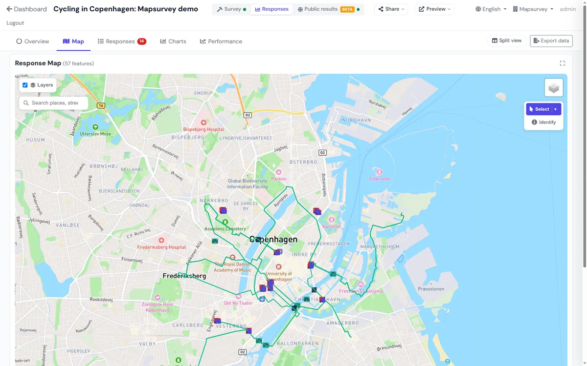 Mapsurvey Responses map: routes, unsafe spots and bridges across Copenhagen