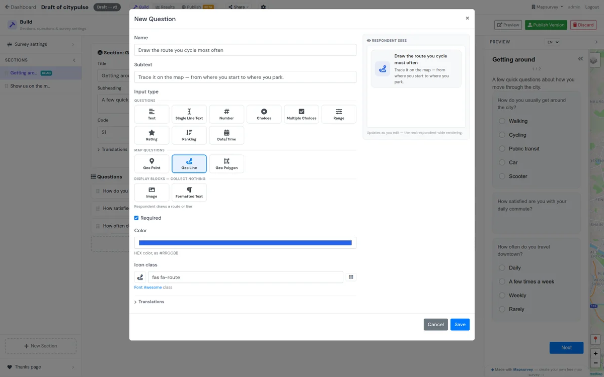 Mapsurvey question editor: question types, including map questions, with a live preview