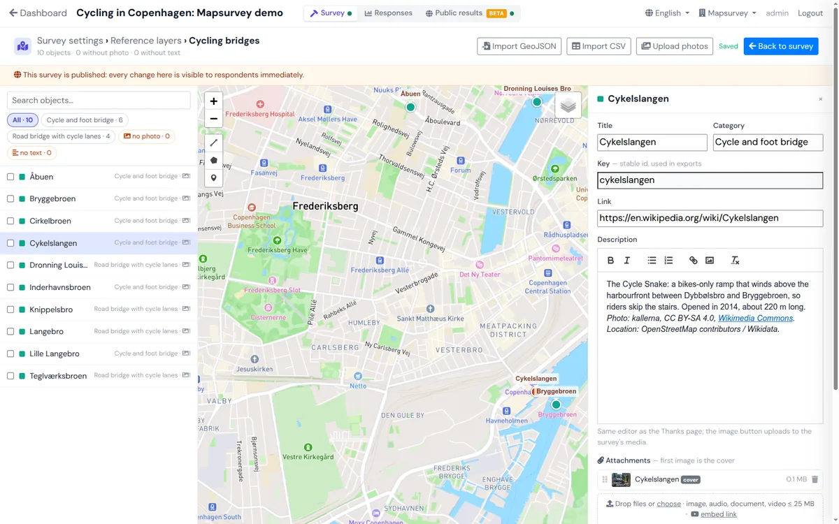 Mapsurvey layer editor: ten Copenhagen cycling bridges with categories, photos and descriptions